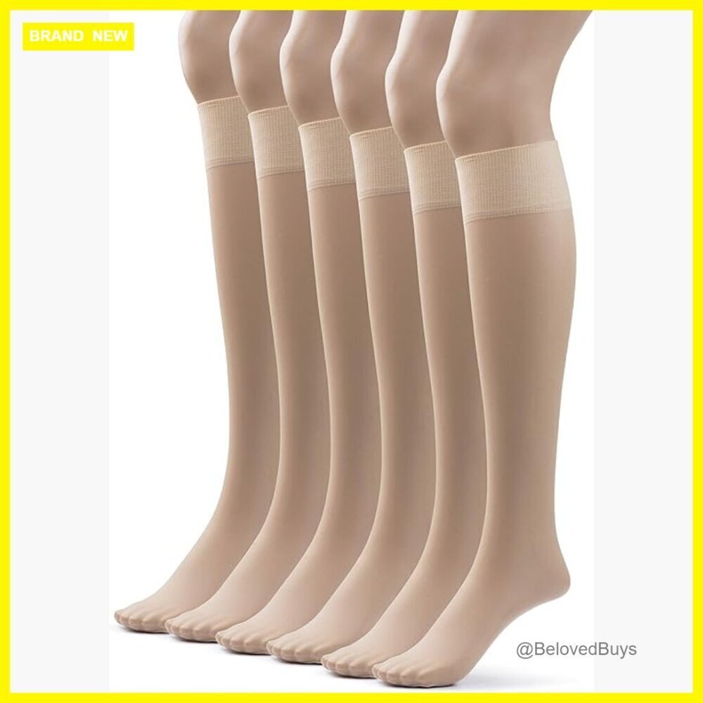 Sheer Knee High Stockings 6 Pairs Nylon Socks Non Slip Band